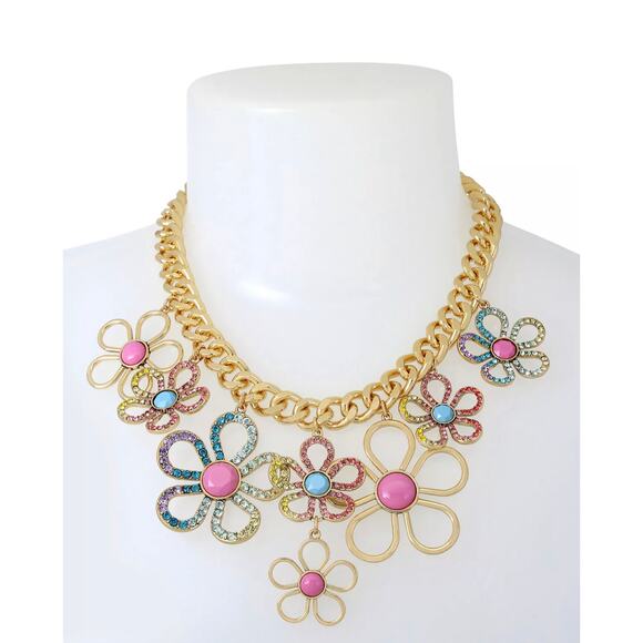 NEW Betsey Johnson FLOWER BIB NECKLACE Gold Tone Curb Chain Crystal Rhinestone - Picture 2 of 9
